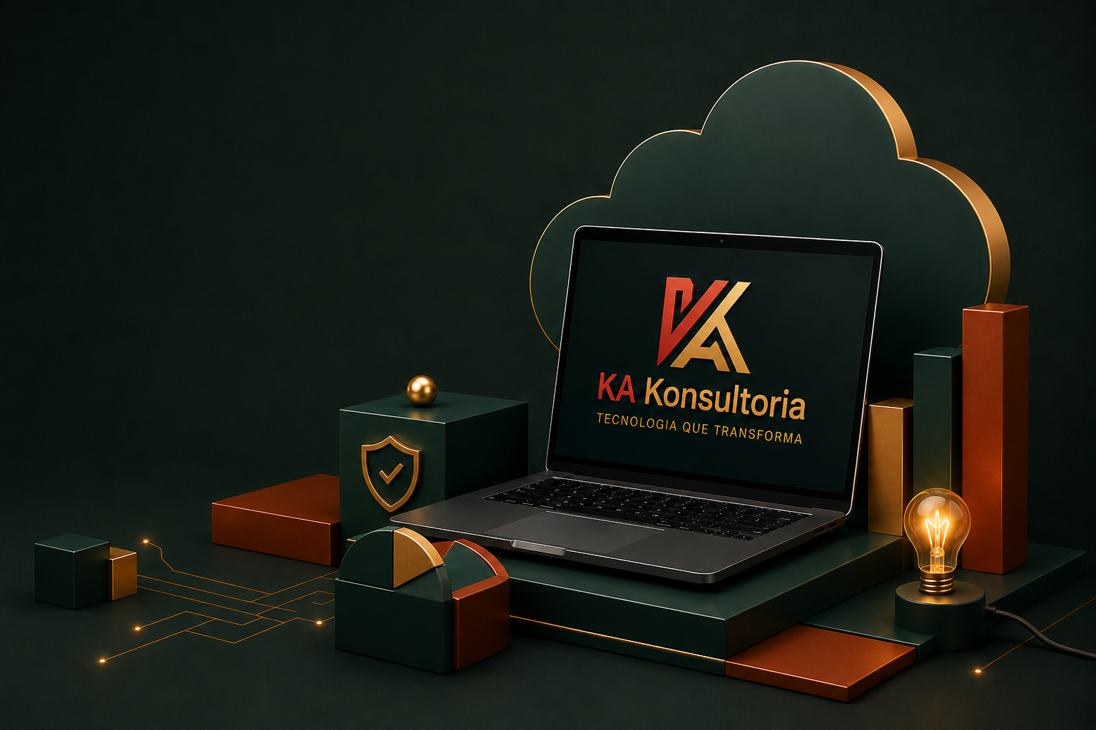KA Konsultoria — composição visual com nuvem, tecnologia e elementos 3D